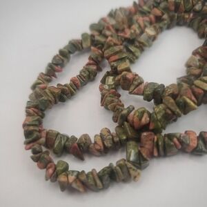 Boho Unakite Jasper Gemstones Necklace 36" Green Pink Clear Healing Grounding VG